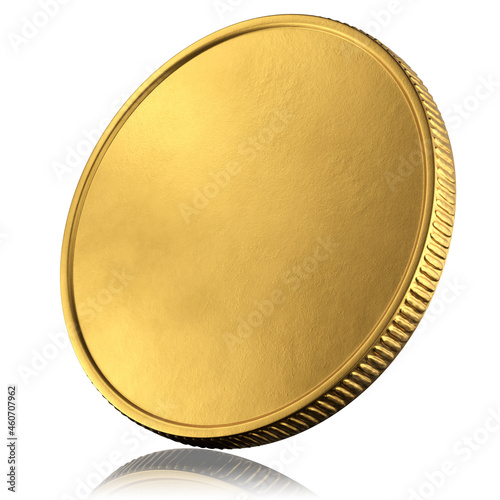 Blank template for gold coin or medal with metallic texture. The coin is turned sideways. 3d render.