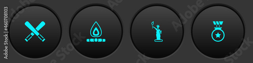 Set Crossed baseball bat, Campfire, Statue of Liberty and Medal with star icon. Vector