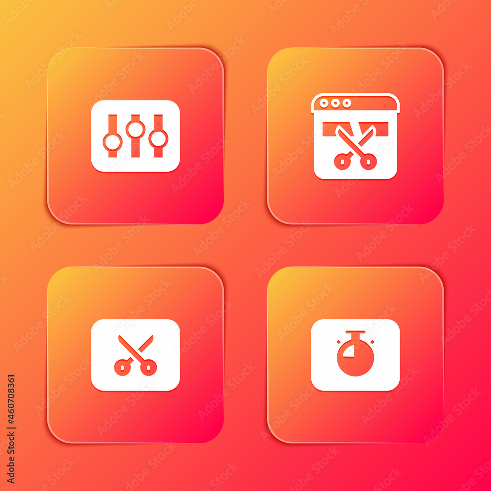 Set Sound mixer controller, Video recorder or editor, Music video editing and Stopwatch icon. Vector Set Sound mixer controller, Video recorder or editor, Music video editing and Stopwatch icon. Vector