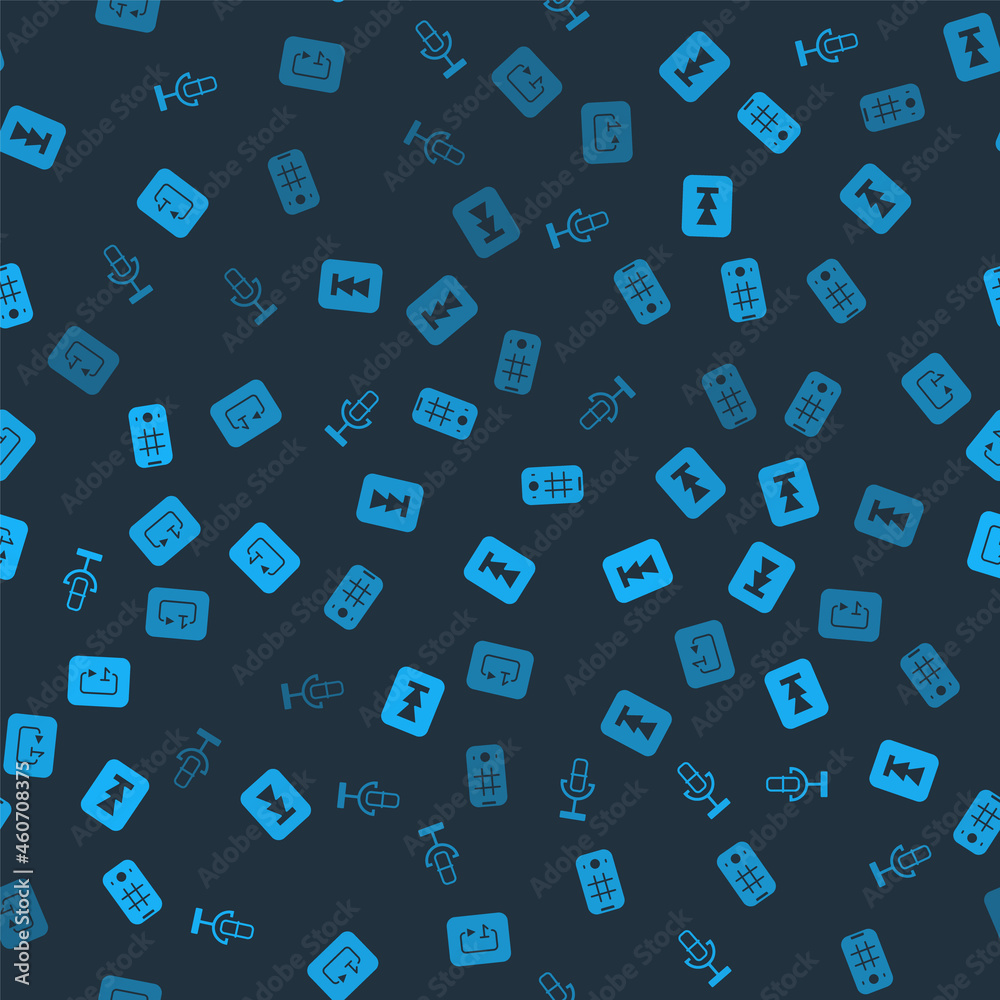 Set Microphone, Rewind button, Selfie mobile and Repeat track music player on seamless pattern. Vector Set Microphone, Rewind button, Selfie mobile and Repeat track music player on seamless pattern. Vector