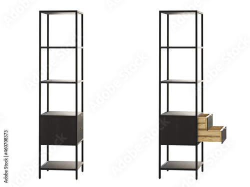 Mid-century style bookshelf with open shelves. 3d render