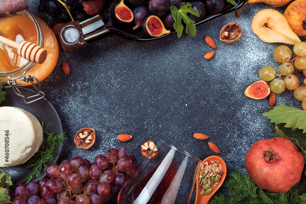 Mediterranean snacks - grapes, olives, bread, fruit, seeds - Image Mediterranean snacks - grapes, olives, bread, fruit, seeds - Image