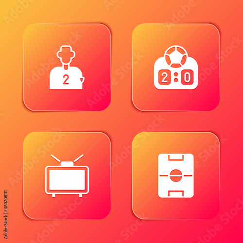 Set Football or soccer player, Sport mechanical scoreboard, match on TV and field icon. Vector