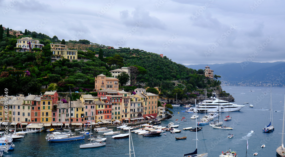 colorful houses of Portofino with a natural leaf arc