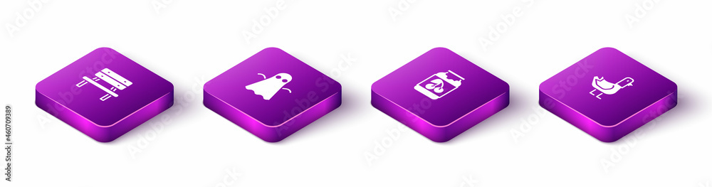Set Isometric Bench, Ghost, Jam jar and Dove icon. Vector Set Isometric Bench, Ghost, Jam jar and Dove icon. Vector
