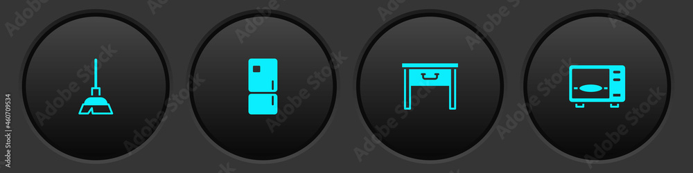 Set Handle broom, Refrigerator, Furniture nightstand and Microwave oven icon. Vector