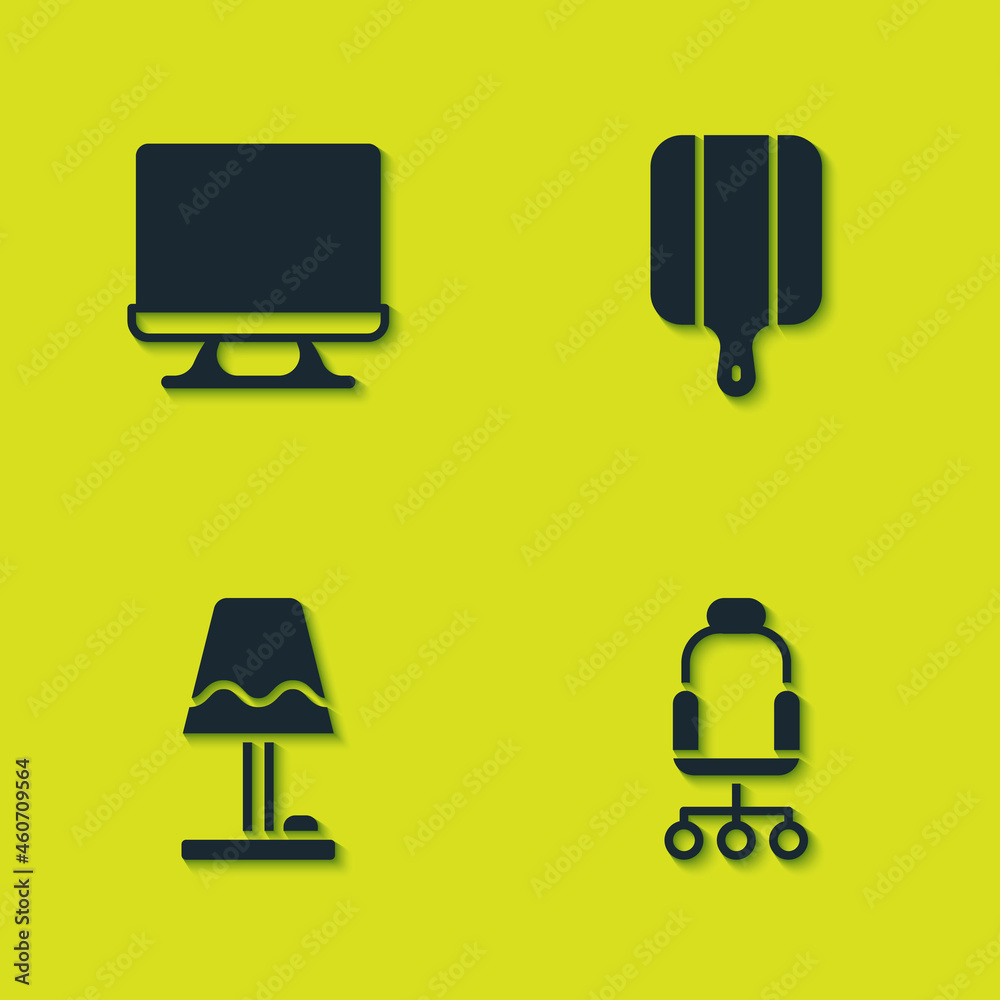 Set Smart Tv, Office chair, Table lamp and Cutting board icon. Vector Set Smart Tv, Office chair, Table lamp and Cutting board icon. Vector