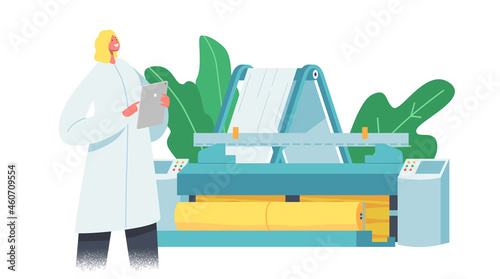 Textile Machinery Manufacture, Fabric Production Factory. Worker in Uniform near Controlling Panel of Weaver Loom