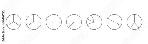 Outline circles divided in 3 segments isolated on white background. Pie or pizza round shapes cut in different three slices. Simple statistical infographic examples. Vector linear illustration.