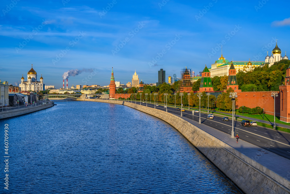 Moscow Kremlin, Cathedral of Christ the Savior and Moscow river in Moscow, Russia. Architecture and landmarks of Moscow.