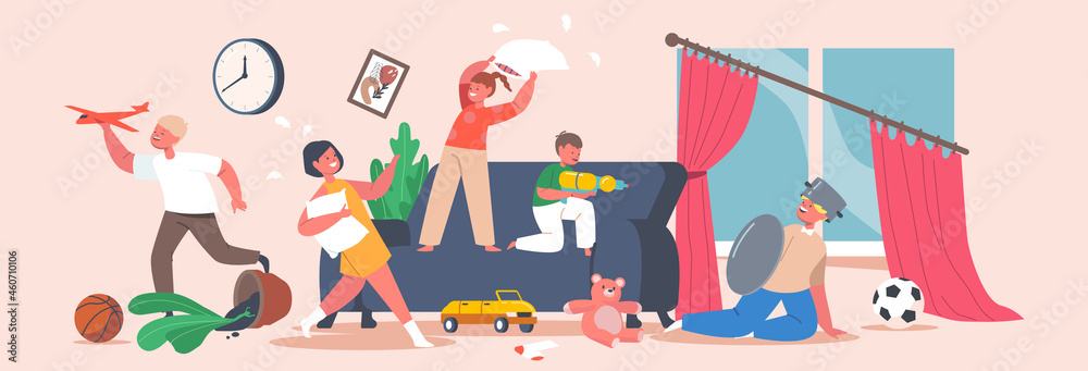 Naughty Hyperactive Children Fighting. Girls and Boys Playing, Making Mess in Room. Kids Fooling and Fight on Pillows Naughty Hyperactive Children Fighting. Girls and Boys Playing, Making Mess in Room. Kids Fooling and Fight on Pillows