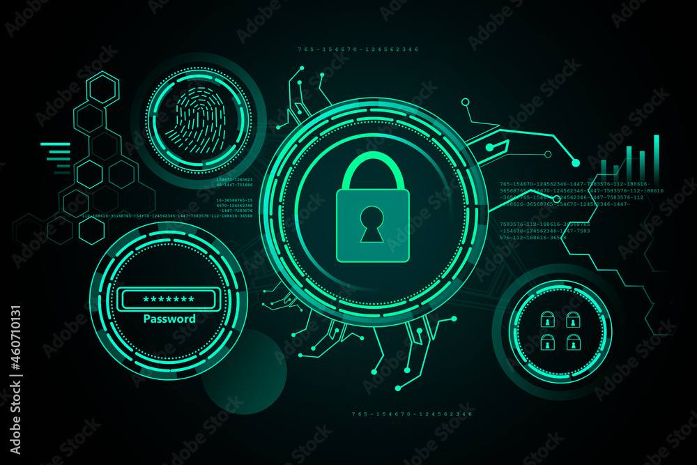 Creative glowing blue digital padlock interface on dark background ...