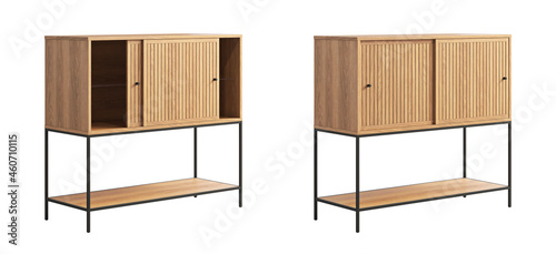 Fototapeta Naklejka Na Ścianę i Meble -  Modern bar cabinet with sliding wood doors and hidden glass shelving. 3d render