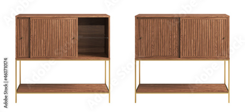 Fototapeta Naklejka Na Ścianę i Meble -  Modern bar cabinet with sliding wood doors and hidden glass shelving. 3d render