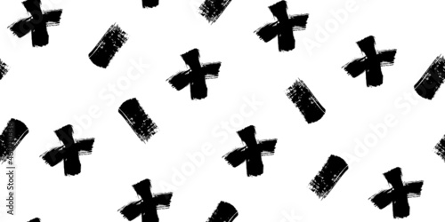 Grunge style vector seamless pattern with plus and minus ink drawn shapes. Different grunge elements background. Doodle illustration design.	