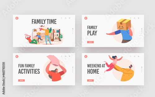 Family Time Landing Page Template Set. Happy Characters Parents and Kids Playing, Fooling in Room. Father, Mother, Kids