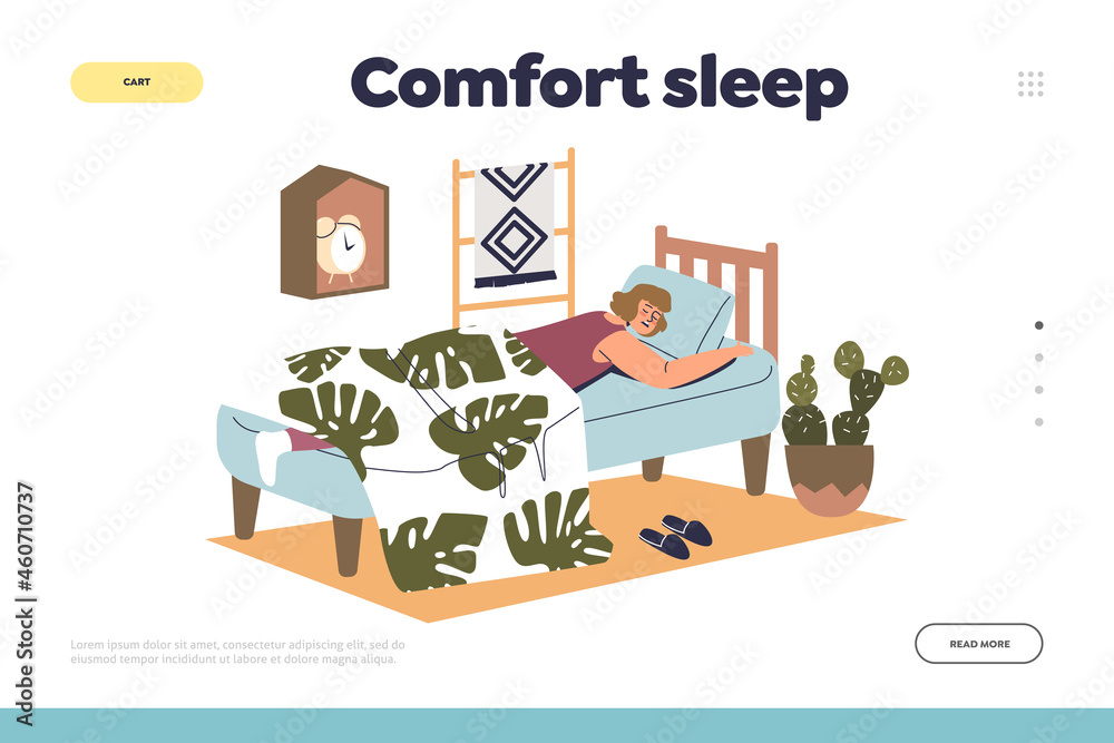 Comfort sleep concept of landing page with woman sleeping comfortable lying under blanket in bed Comfort sleep concept of landing page with woman sleeping comfortable lying under blanket in bed