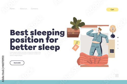 Best position for better sleep concept of landing page with young man in pajama sleeping in bed