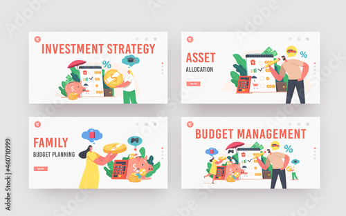 Budget Management Landing Page Template Set. Family People Earn and Save Money, Tiny Characters Collect Coins