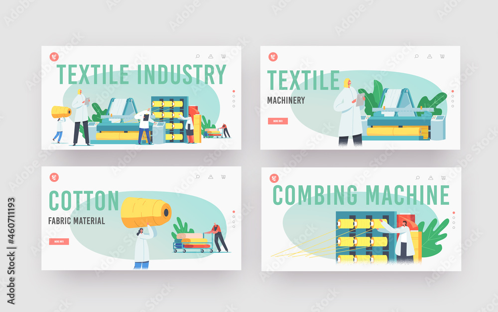 Textile Industry Landing Page Template Set. Characters Work on Fabric Production Factory. Workers at Automated Machine