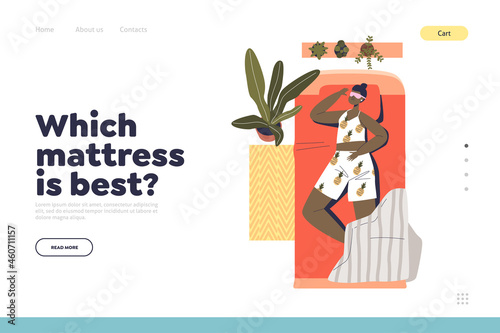 Best mattress concept of landing page with young woman sleeping deeply lying on back in bedroom