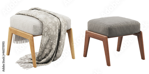 Danish-modern fabric upholstery ottoman with wooden legs. 3d render photo