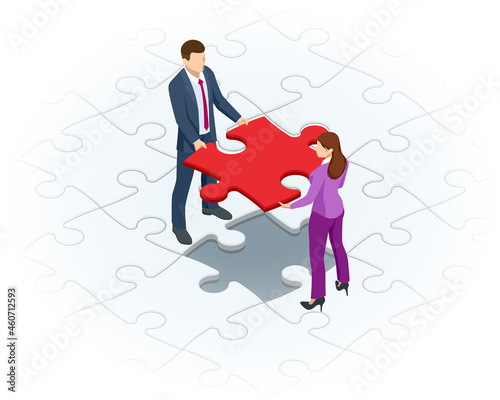 Isometric Teamwork with Puzzle, Teamwork, Cooperation, Partnership Concept. Collaboration, Unity as Jigsaw. Solution and Success.