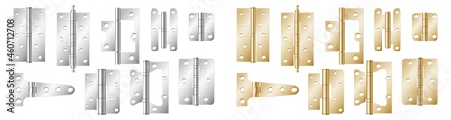 Door hinges realistic set. Classic industrial ironmongery golden and silver on white background