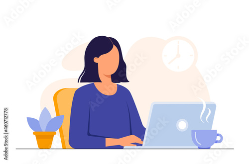 Young woman working on laptop computer. Female office worker doing online distant work. Woman working from home or office. Freelance, online education concept. Vector illustration isolated on white 