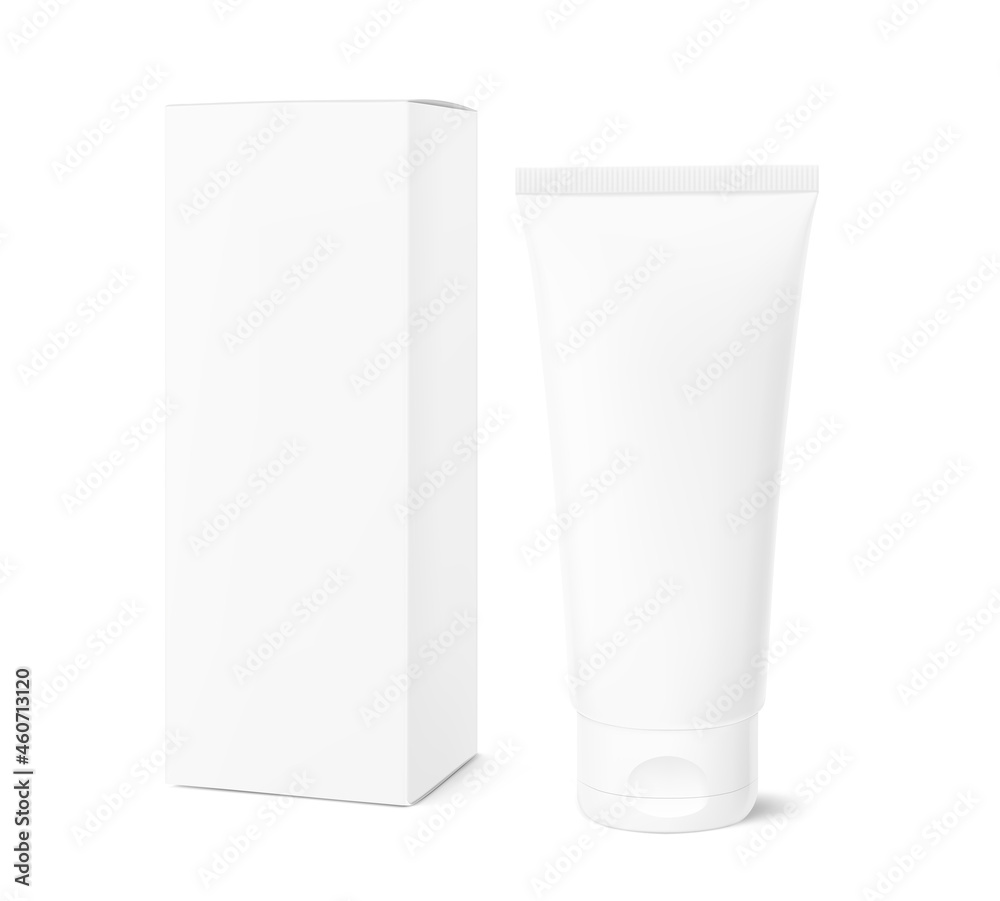 Blank plastic tube with cardboard box mockup. Front view. Vector illustration isolated on background. Can be use for your design, advertising, promo and etc. EPS10.	