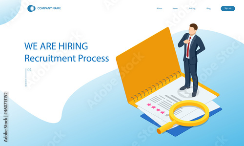 Isometric hiring and recruitment concept. HR job seeking. Online job search, human resource concept. Infographics of Business data visualization. Job interview, recruitment agency