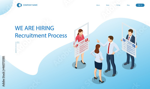 Isometric hiring and recruitment concept. HR job seeking. Online job search, human resource concept. Infographics of Business data visualization. Job interview, recruitment agency