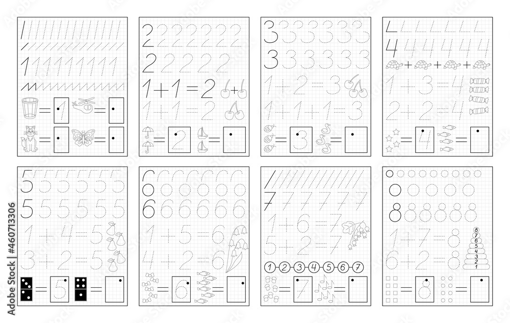 Set Of Black And White Educational Pages On Square Paper For Kids.  Printable Worksheet For Children Textbook. Developing Skills Of Counting,  Drawing, Writing And Tracing. Baby Book. Back To School. Royalty Free