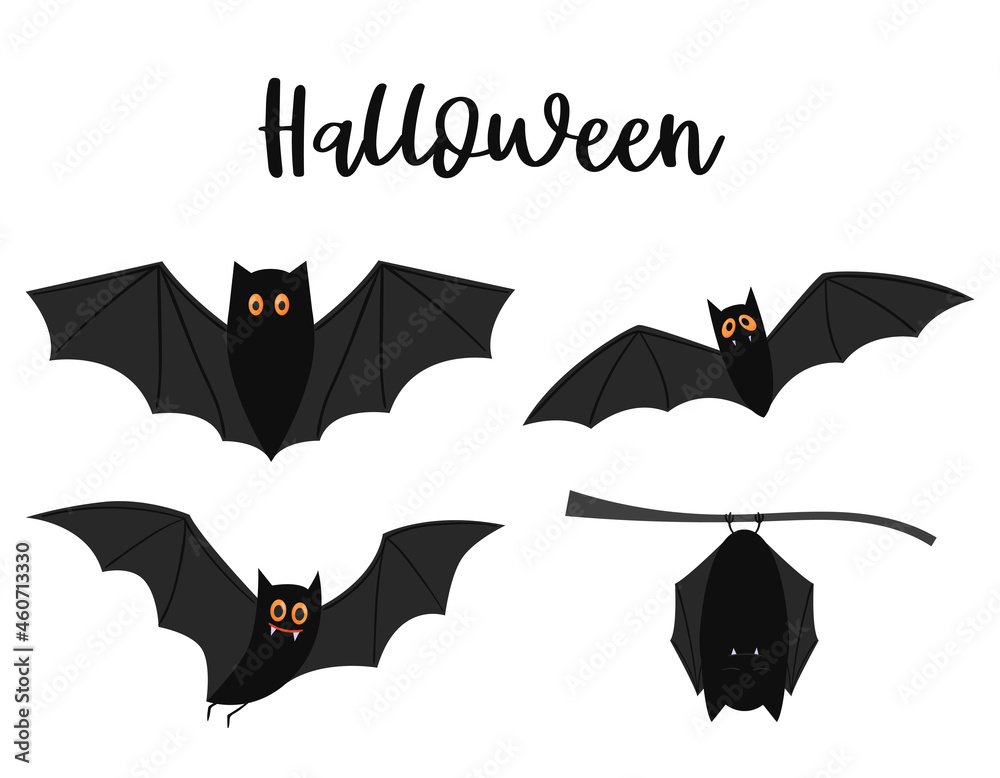 A set of black flying bats with yellow eyes. Halloween decorative elements.  Color flat cartoon vector illustration isolated on a white background.  Stock Vector | Adobe Stock