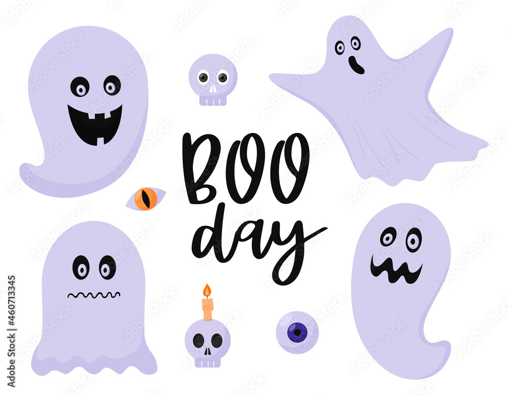 A set of ghosts, spirits, poltergeists. Halloween decorative elements, a skull, an eyeball, a skull with a candle. Color flat cartoon vector illustration isolated on a white background. A set of ghosts, spirits, poltergeists. Halloween decorative elements, a skull, an eyeball, a skull with a candle. Color flat cartoon vector illustration isolated on a white background.