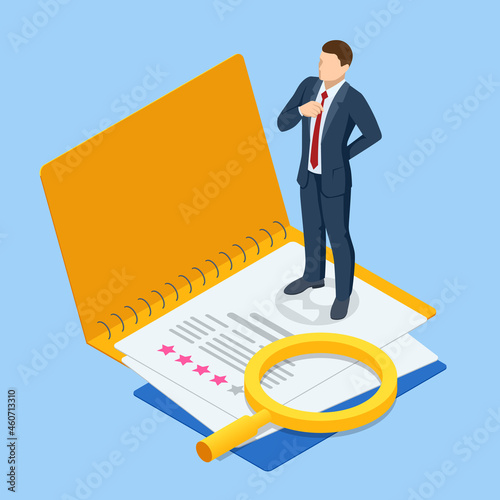 Isometric hiring and recruitment concept. HR job seeking. Online job search, human resource concept. Infographics of Business data visualization. Job interview, recruitment agency