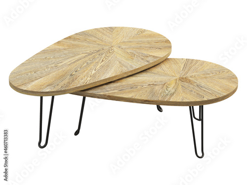 Modern style different sized nesting tables with metal base and wooden top. 3d render photo