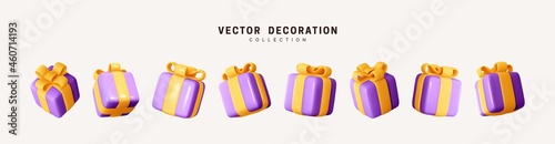 Set of realistic 3d gifts box. Holiday decoration presents. Festive gift surprise. Decor Isolated boxes. Vector illustration