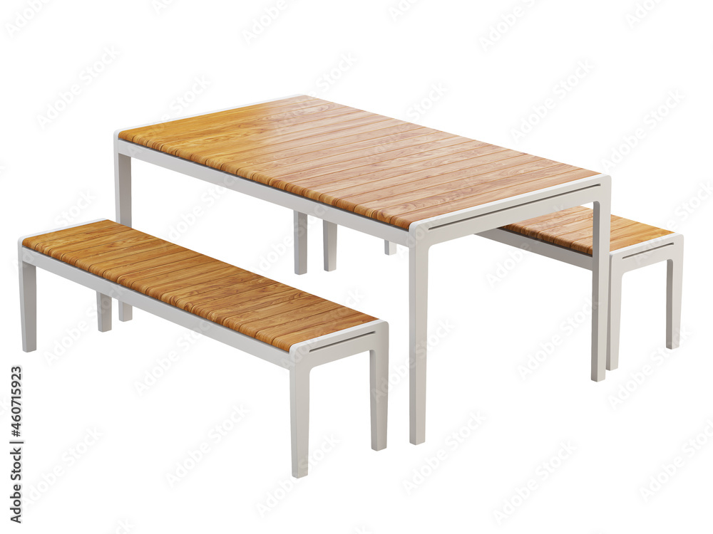 Modern style outdoor dining set including a table and benches. 3d render Modern style outdoor dining set including a table and benches. 3d render