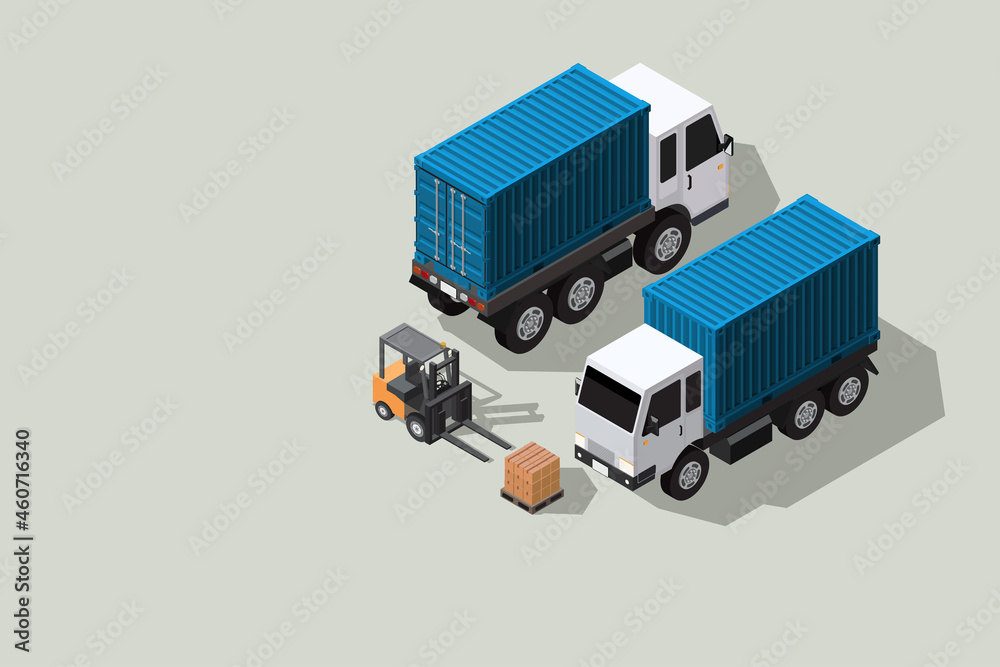 Isometric vector illustration warehouse where goods are stored on pallets with cargo container truck and forklift isolated on pale green backgrounds concept of efficient warehouse management