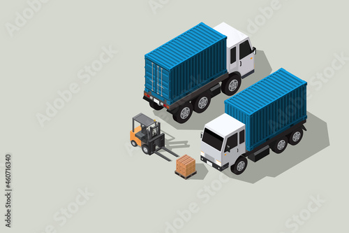 Isometric vector illustration warehouse where goods are stored on pallets with cargo container truck and forklift isolated on pale green backgrounds concept of efficient warehouse management