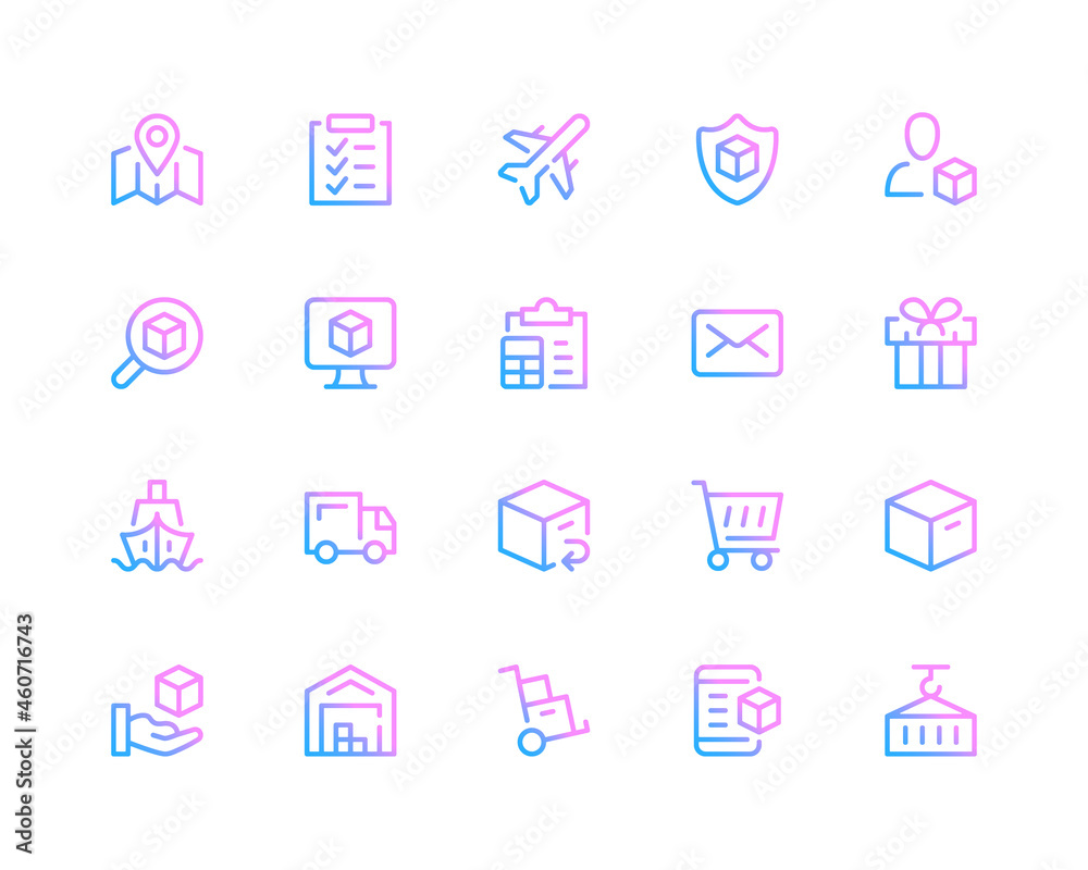 Shipping line icons. Delivery concepts, logistics pictograms. Set of modern outline symbols collection. Minimal thin line design. Trendy linear gradient style graphic elements. Vector line icons set