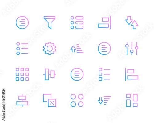 Sort line icons. Sorting, filter pictograms. Set of modern outline symbols collection. Minimal thin line design. Trendy gradient style graphic elements. Vector line icons set