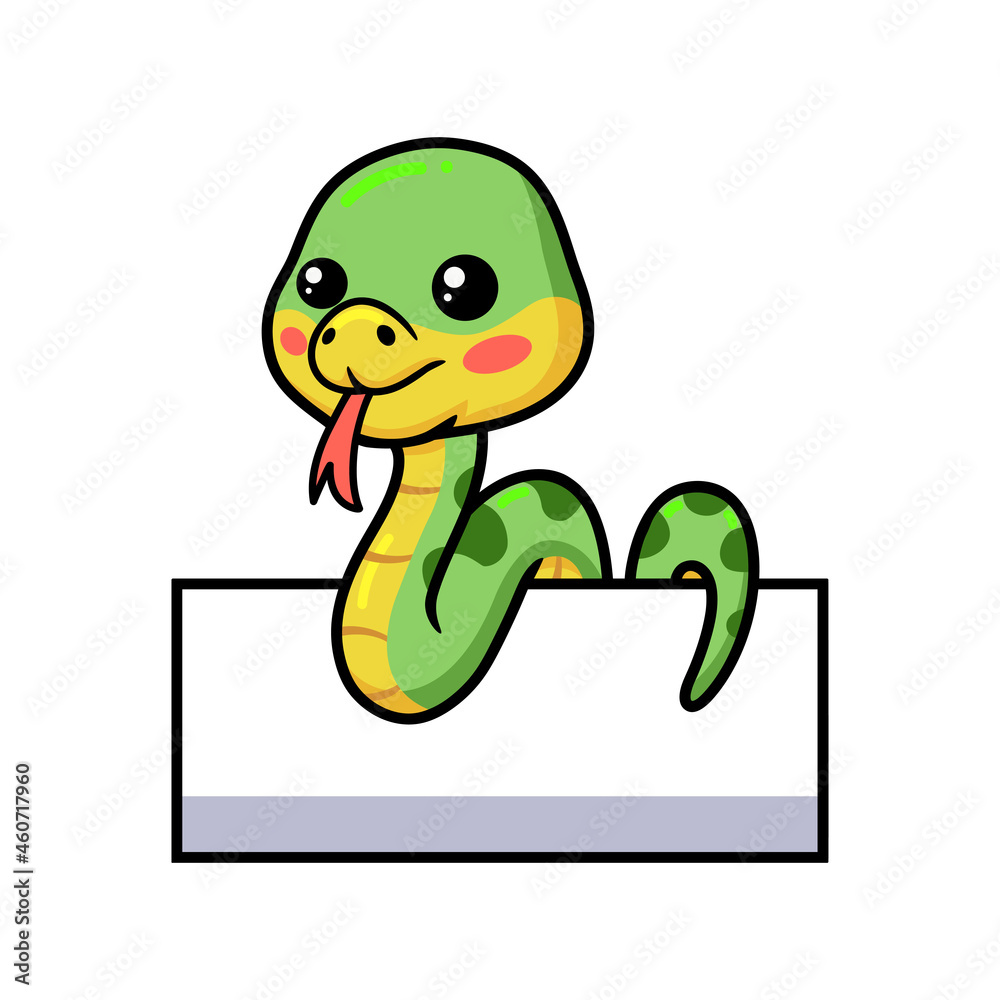 Fototapeta premium Cute little green snake cartoon with blank sign
