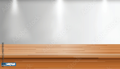 set of realistic blank table mock up with wall background or blank desk with down light or mock up table exhibition concept. eps vector