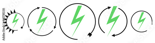 Electric car charging and renewable energy icons, graphic design template, lightning bolt, vector illustration