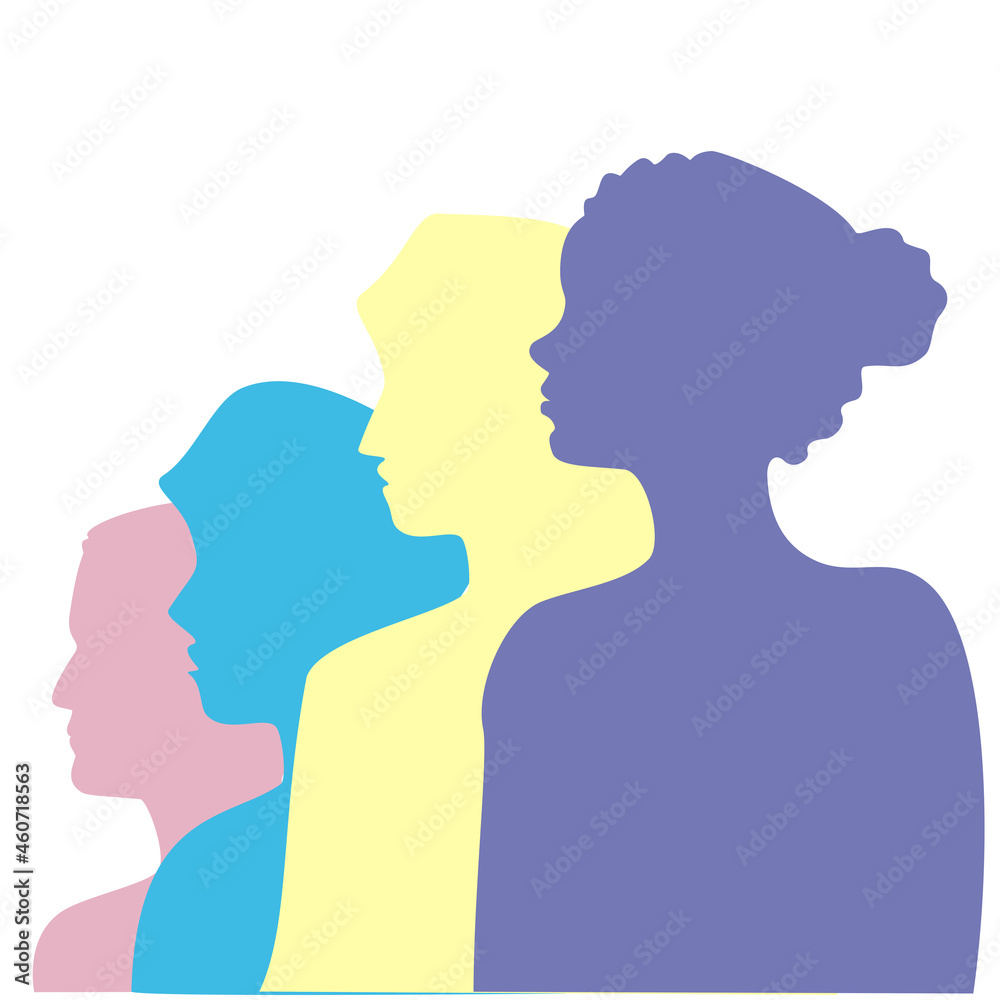 Ilustración, siluetas multicolor, grupo de cuatro personas, diversidad. Rosa, amarillo, turquesa y morado. 