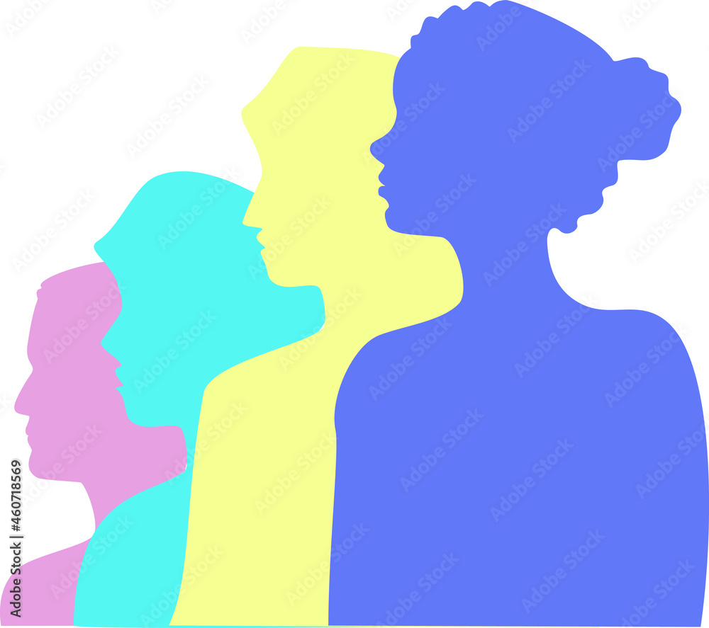 Vector, siluetas multicolor, grupo de cuatro personas, diversidad. Rosa, amarillo, turquesa y morado. 