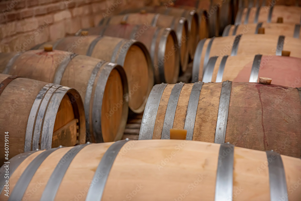 Closeup red wine glass on background of wooden oak barrels stacked in straight rows in order in cellar of wine, vault. Concept professional degustation, winelover, sommelier travel. Closeup red wine glass on background of wooden oak barrels stacked in straight rows in order in cellar of wine, vault. Concept professional degustation, winelover, sommelier travel.