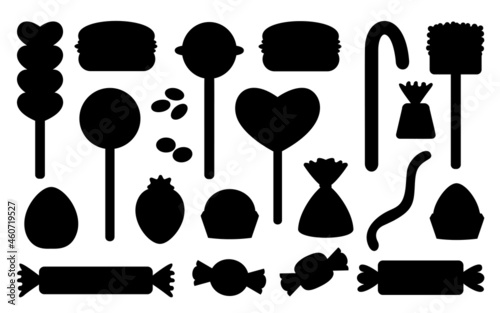 Candy sweets, marshmallow, hard candy on stick, dragee, macaroon, jelly worm, chocolate heart, strawberry, silhouette black set. Flat and cartoon style. Assorted bonbon isolated on white background